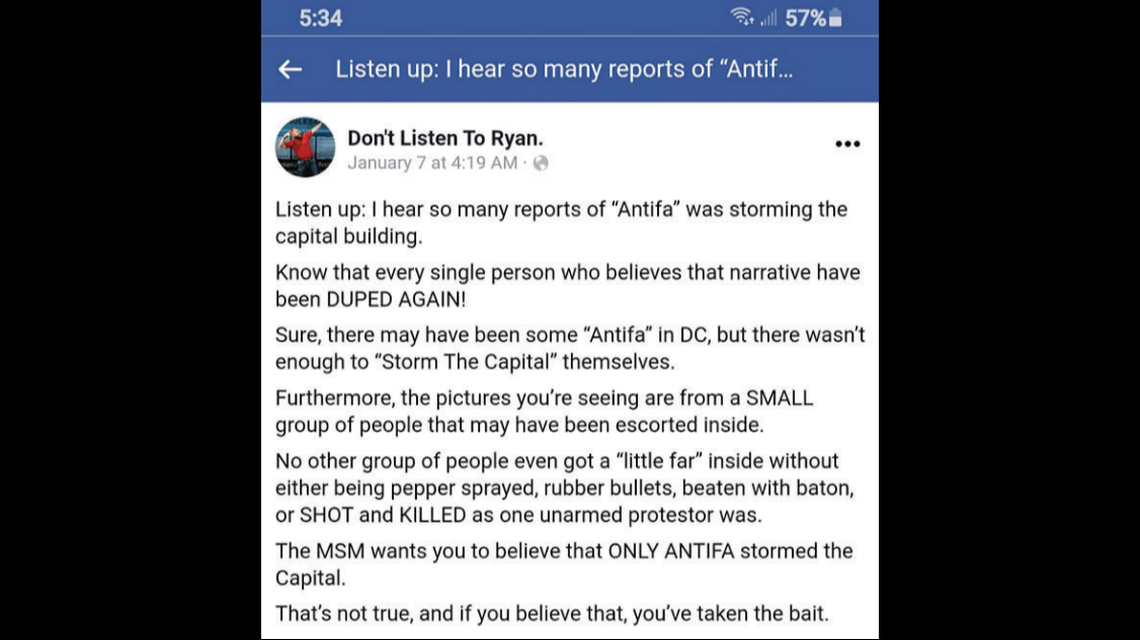 Ryan Nichols posted on Facebook that Antifa was not a main part of the attack on the Capitol, authorities say. Screengrab from FBI.