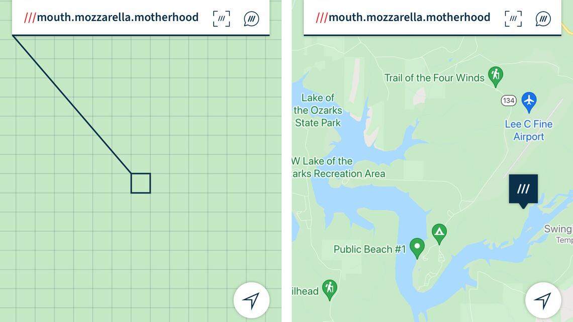 The what3words app assigns a three-word “name” for every location. At left, is the location for the injured girl at Lake of the Ozarks. The image at right shows the location in context.