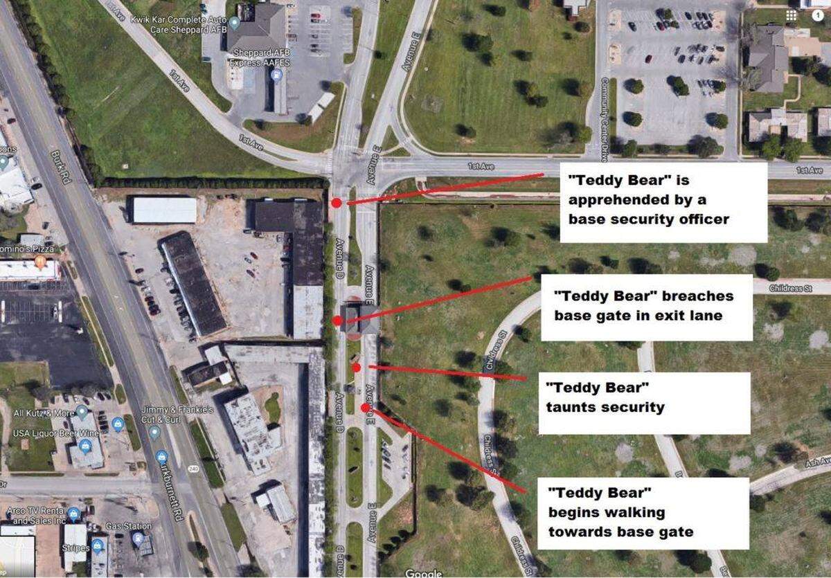 This diagram shows how far inside Sheppard Air Force Base the fluffy invader was able to breach.