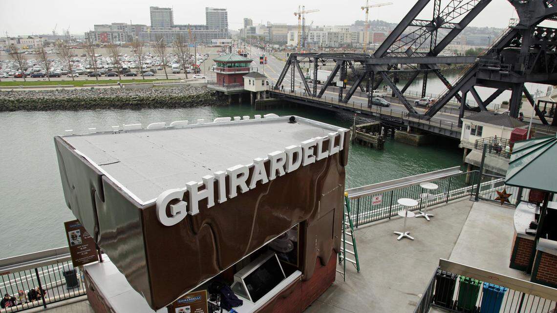 Construction continues on a new Ghirardelli Chocolate concession stand outside right field at AT&T Park during a San Francisco Giants baseball media open house in San Francisco, Thursday, March 29, 2012.