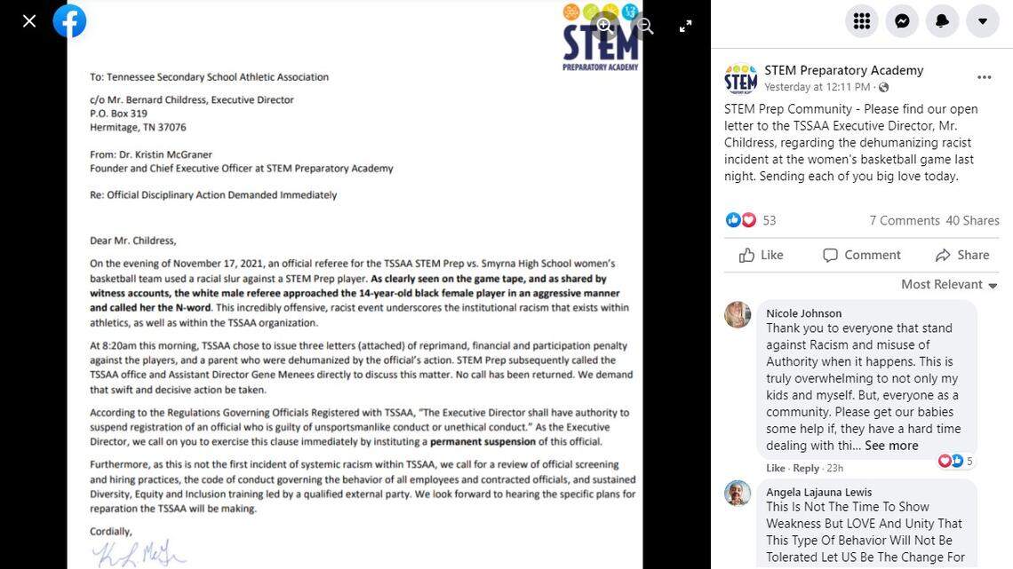 STEM Preparatory Academy in Tennessee is demanding the suspension of a referee who is accused of calling a Black basketball player a racial slur during a game on Wednesday, Nov. 17, 2021.