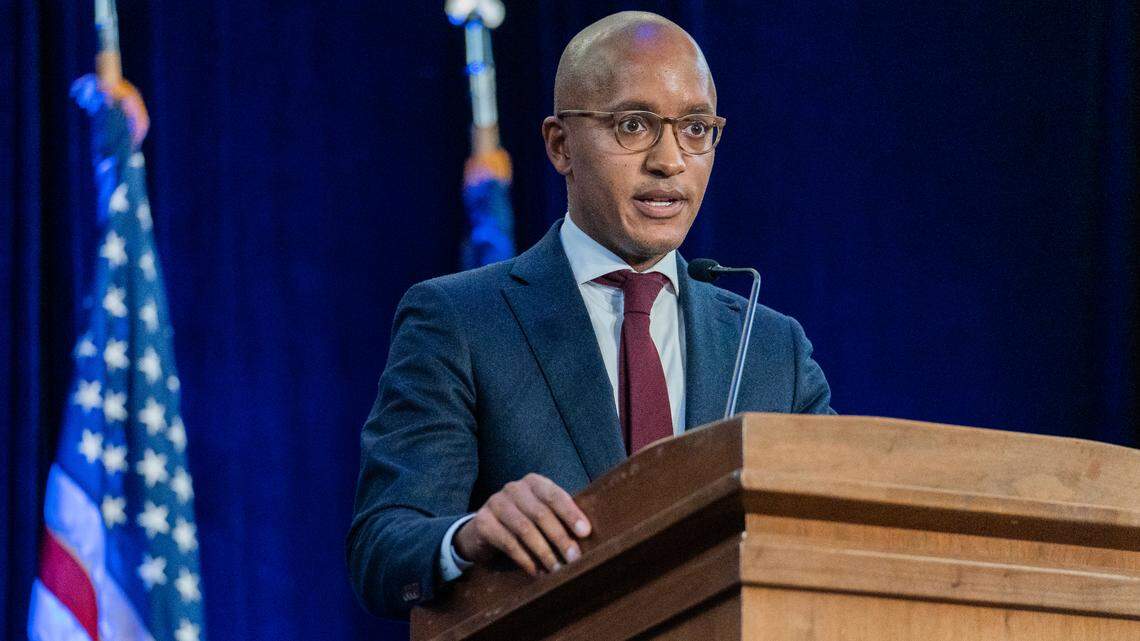 U.S. Attorney for the Southern District of New York Damian Williams speaks in 2021 in New York. On Sept. 29, Williams announced that a New York doctor pleaded guilty in a “trip-and-fall” scheme. (AP Photo/Jeenah Moon)