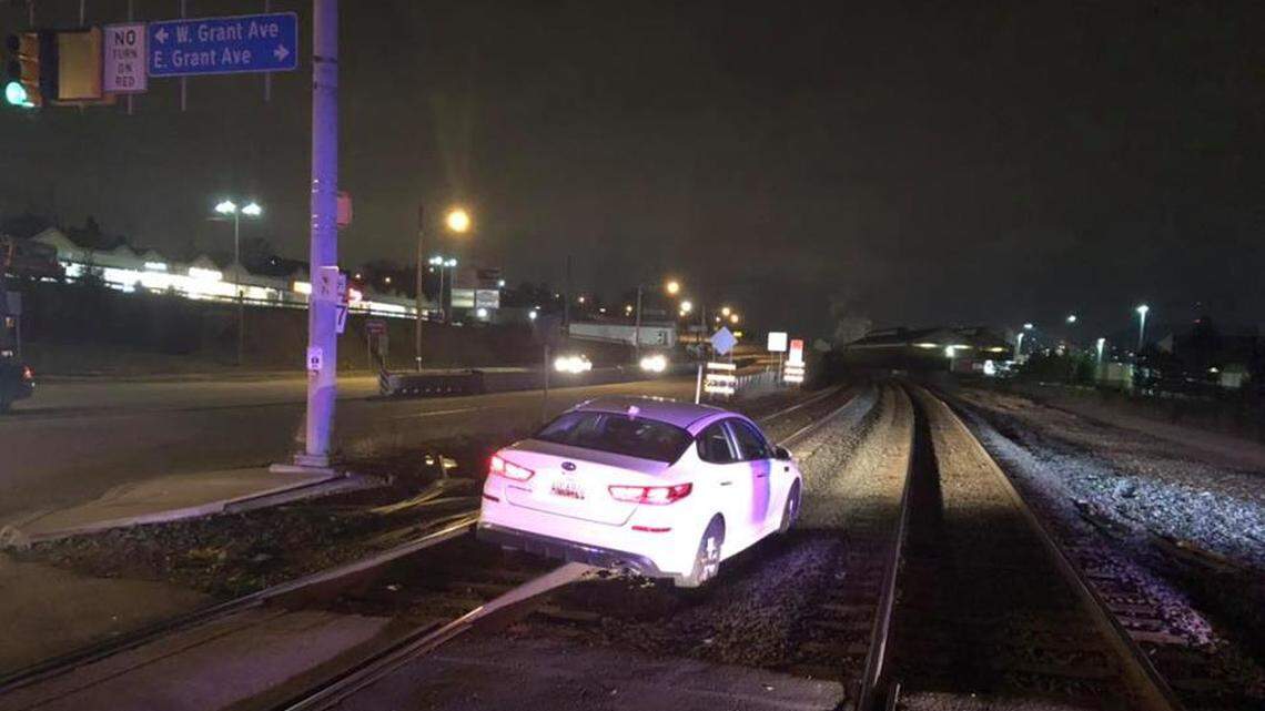 Pennsylvania police released this photo after a driver traveling on railroad tracks told them her GPS advised her to take the route.