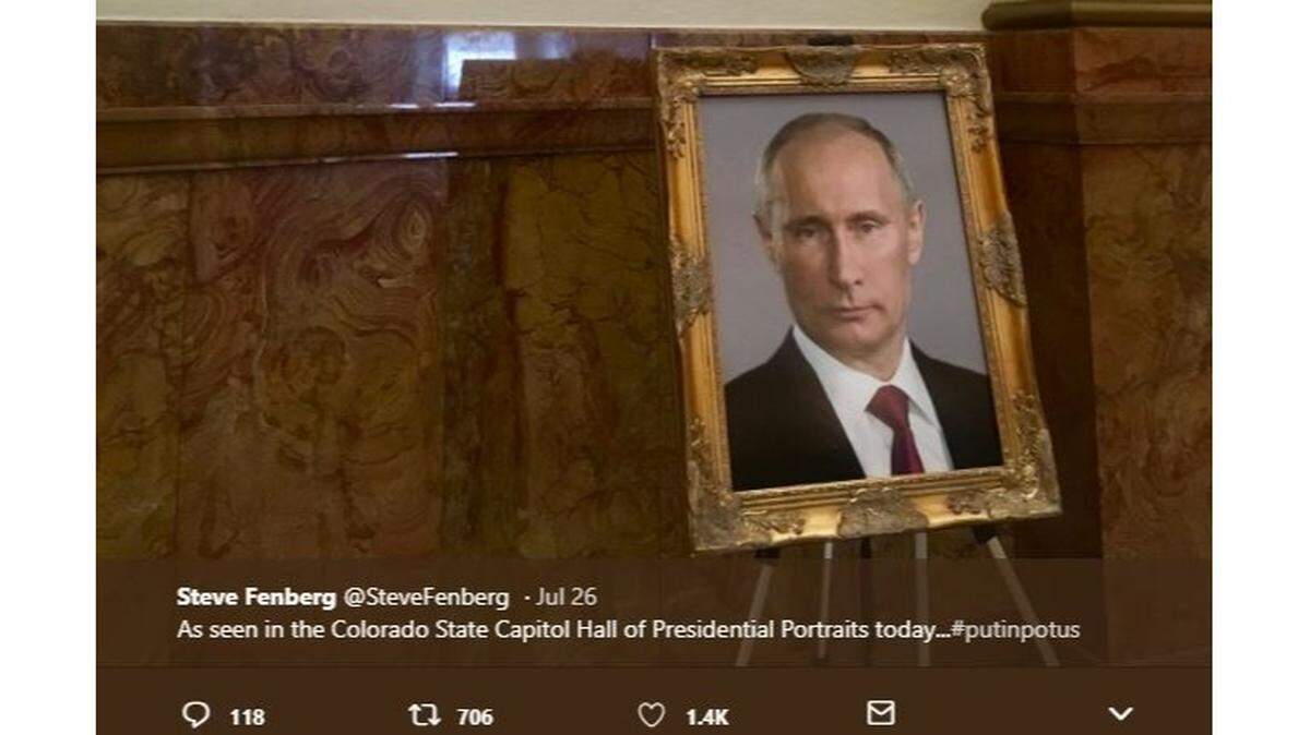 An unidentified “prankster” is being blamed for briefly putting Vladimir Putin’s portrait up in the Colorado State Capitol among paintings of U.S.  presidents, where Donald Trump’s should be, but isn’t.