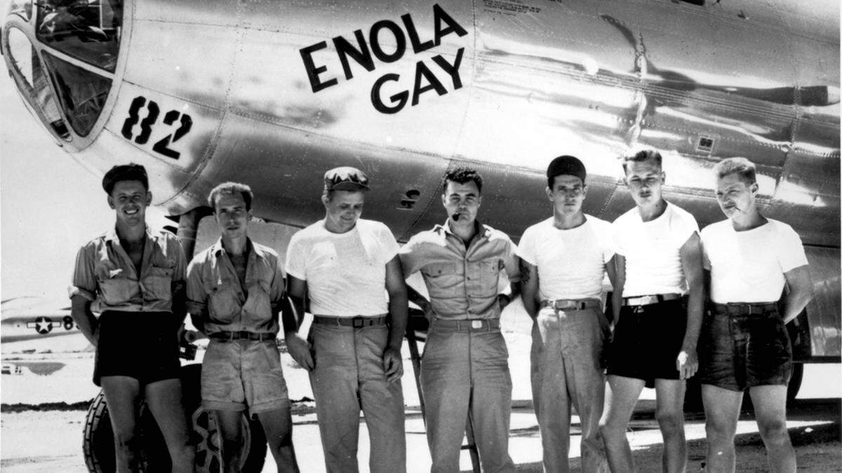 In this undated handout picture from the U.S. Air Force, the ground crew of the B-29 “Enola Gay” which bombed Hiroshima, Japan on Aug. 6, 1945 with the “Little Boy” nuclear bomb, stands with pilot Col. Paul W. Tibbets, center, in the Marianas Islands. It was the first use of nuclear weapons in warfare.