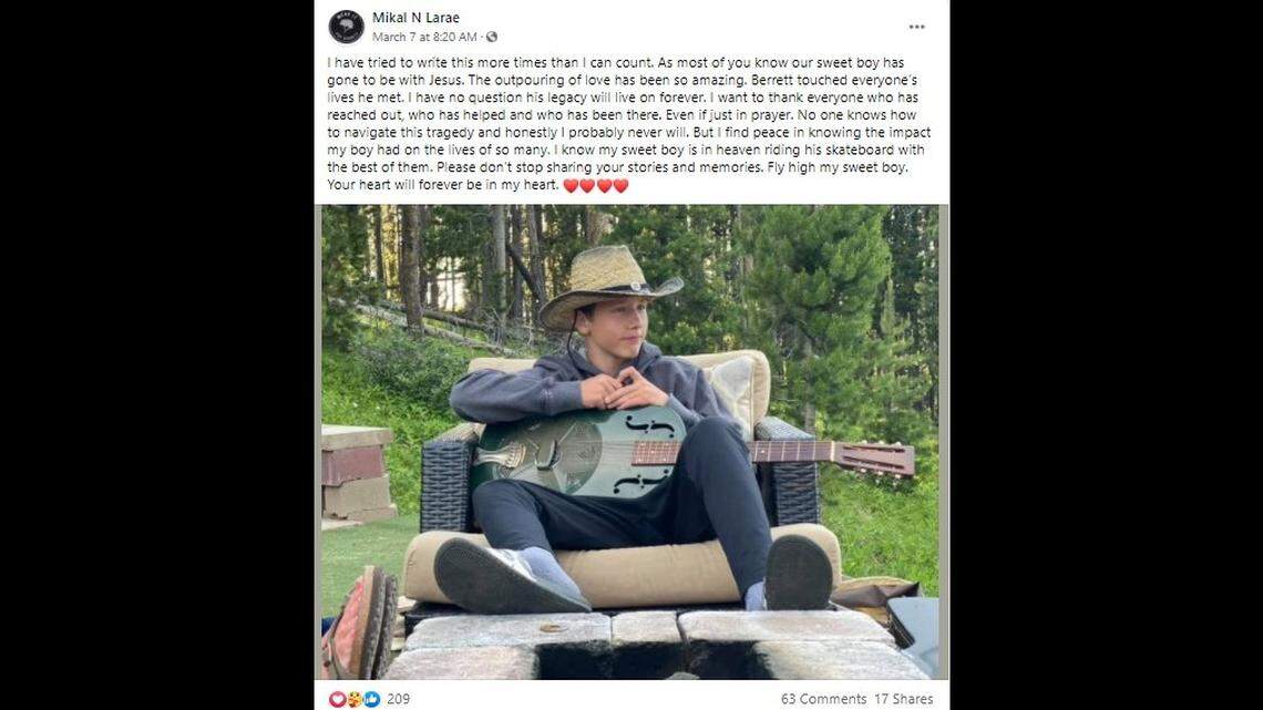 Berrett Crossley, 13, of Buckley, Washington, died after suffering a subdural hematoma following a skateboarding accident. He was not wearing a helmet.