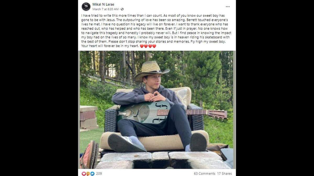 Berrett Crossley, 13, of Buckley, Washington, died after suffering a subdural hematoma following a skateboarding accident. He was not wearing a helmet.