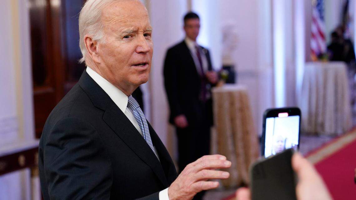 President Joe Biden talks with reporters after speaking in the East Room of the White House in Washington, D.C., on Jan 20. Sixty-four percent of Americans say the president acted inappropriately in handling classified documents, according to a new ABC News/Ipsos poll released on Sunday, Jan. 22.