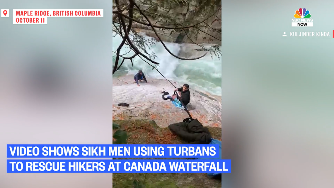 A group of Sikh hikers tied their turbans together to rescue two other hikers who fell into a waterfall pool.
