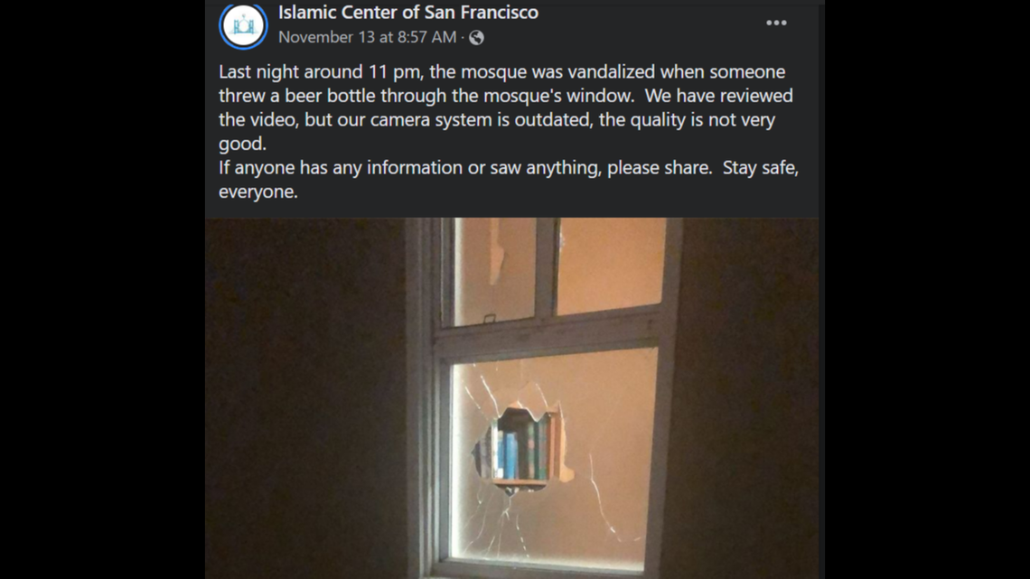 Someone threw a beer bottle through the window of the Islamic Center of San Francisco on Nov. 12. “We feel like our home was attacked,” a mosque resident scholar said.