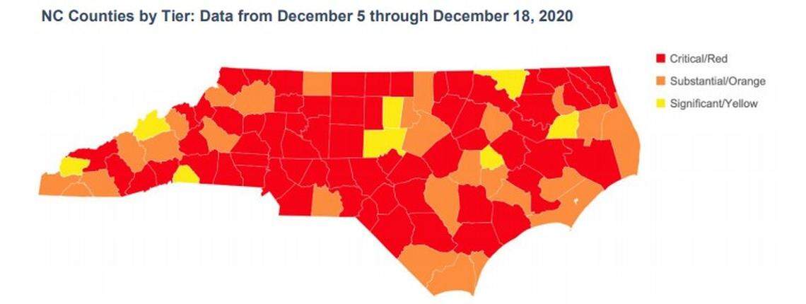 Sixty-five of North Carolina’s 100 counties are in the COVID-19 red zone as of Dec. 22, 2020, according to the state Department of Health and Human Services. Red indicates “critical community spread.”