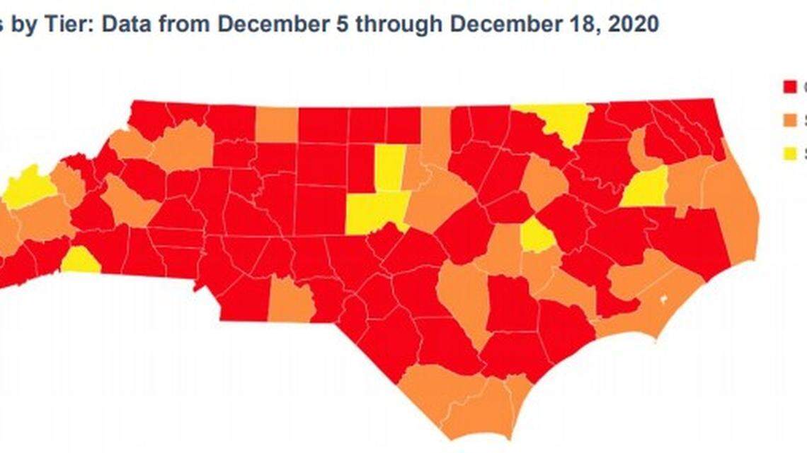 Sixty-five of North Carolina’s 100 counties are in the COVID-19 red zone as of Dec. 22, 2020, according to the state Department of Health and Human Services. Red indicates “critical community spread.”