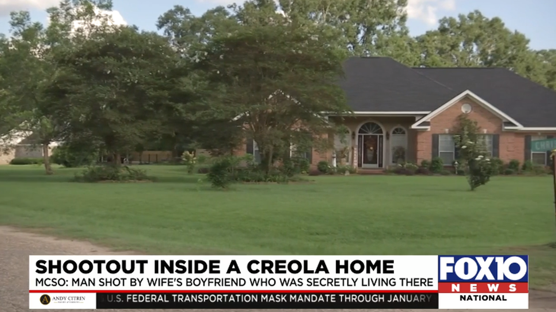 A Creola, Alabama man was shot by his wife’s boyfriend, who had been secretly living in the home, the Mobile County Sheriff’s Office said. Screengrab from WALA.
