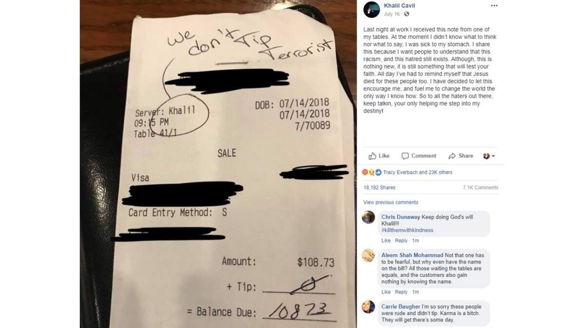 Khalil Cavil, 20, posted this receipt he says he received during his shift at a Saltgrass steakhouse in Odessa, Texas. The restaurant now says the note on the receipt was fake.