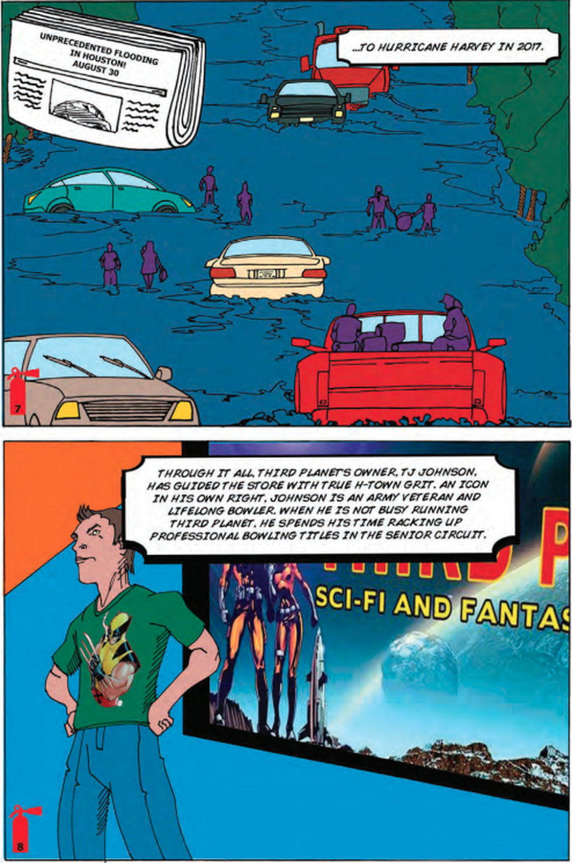 A 13-page comic book filed as part of a legal complaint details the institutional history of Third Planet Sci-Fi and Fantasy Superstore in Houston, Texas, and its owner, T.J. Johnson.