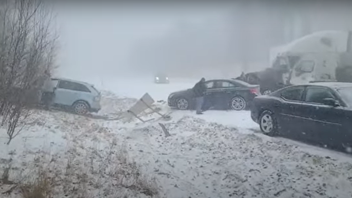 Fifty to 60 vehicles crashed and piled up on a Pennsylvania interstate during a snow squall Monday, injuring multiple people and setting vehicles on fire.