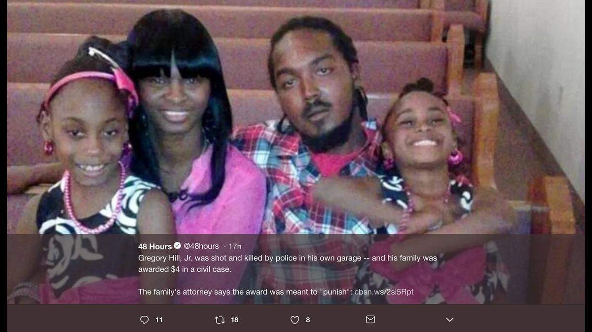 A jury gave the family of Gregory Vaughn Hill Jr., a black man killed by St. Lucie County sheriff’s deputy Christopher Newman, just four cents after they found he was 99 percent negligent in his death. Newman shot Hill, accused of brandishing a handgun, through a garage door.
