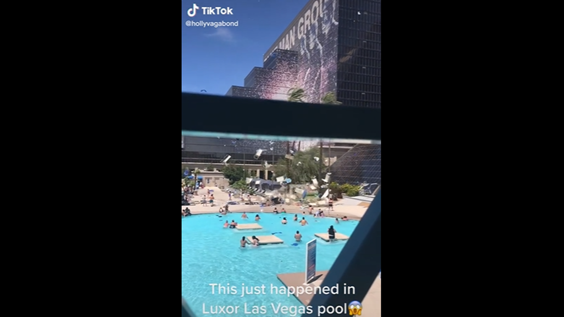 A dust devil ran through the Luxor Las Vegas hotel pool, video shows.