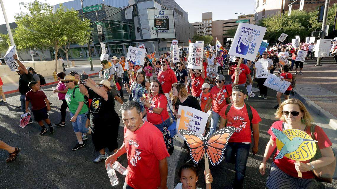 Protesters marched through downtown Phoenix last May. Immigrant and union groups are expected to rally in cities across the United States on Tuesday to mark May Day.