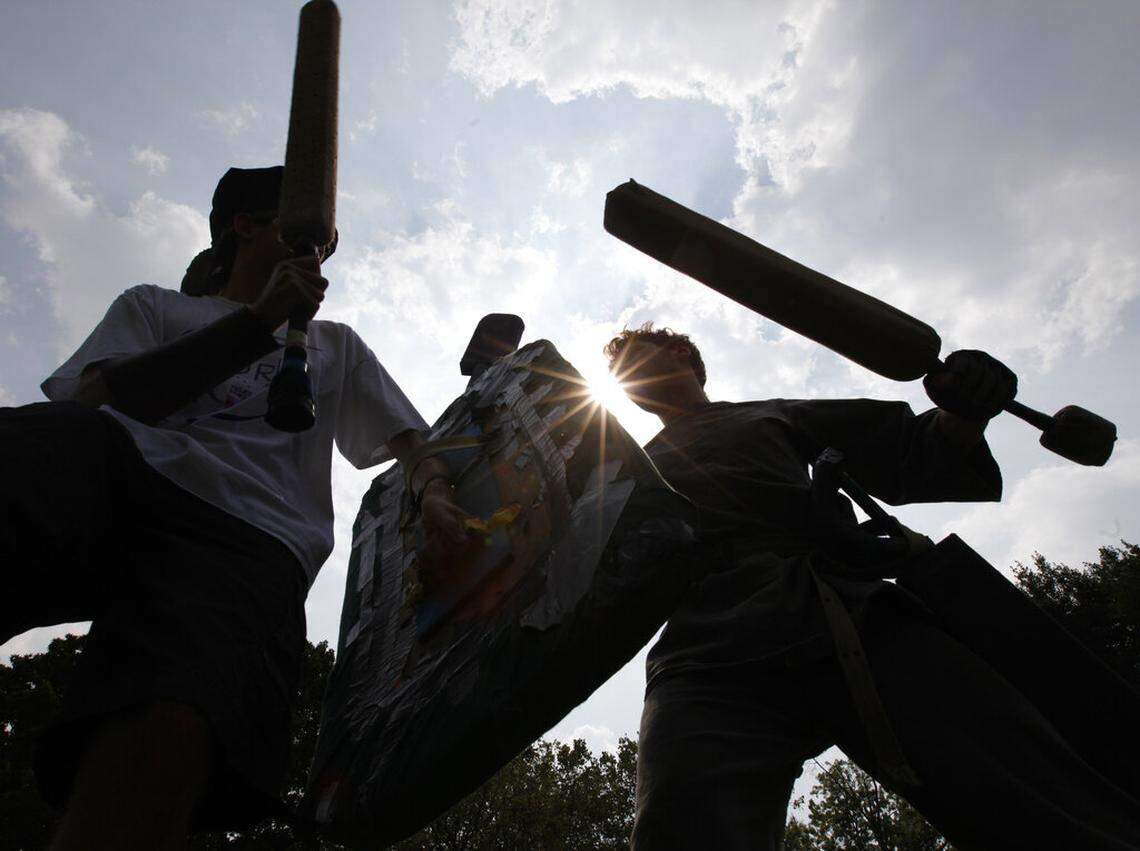 Dagorhir are groups of enthusiasts that participate in full-contact combat simulation with elements of live action role-playing with elements of history and fantasy based on the Tolkiens “Lord of the Rings” trilogy. (AP Photo/Steve Helber)