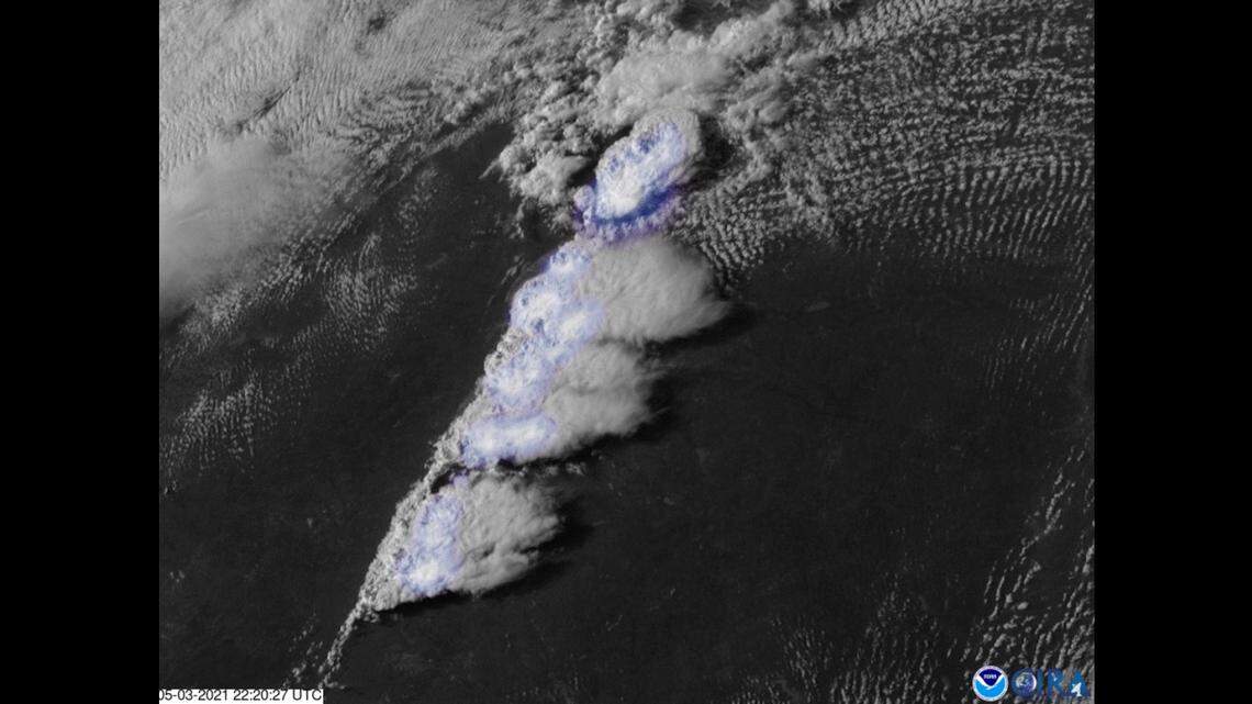 The severe storms in Texas that included tornadoes erupted from a weather phenomenon called a “dry line.” A NOAA satellite captured the thunderstorms forming. Image from NOAA.