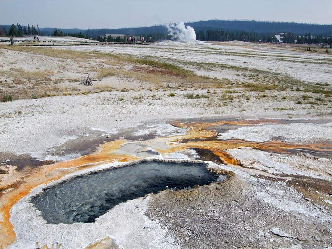 Ear Spring shown before its eruption last month, with Old Faithful is geysering beyond it, according to the U.S. Geological Survey.