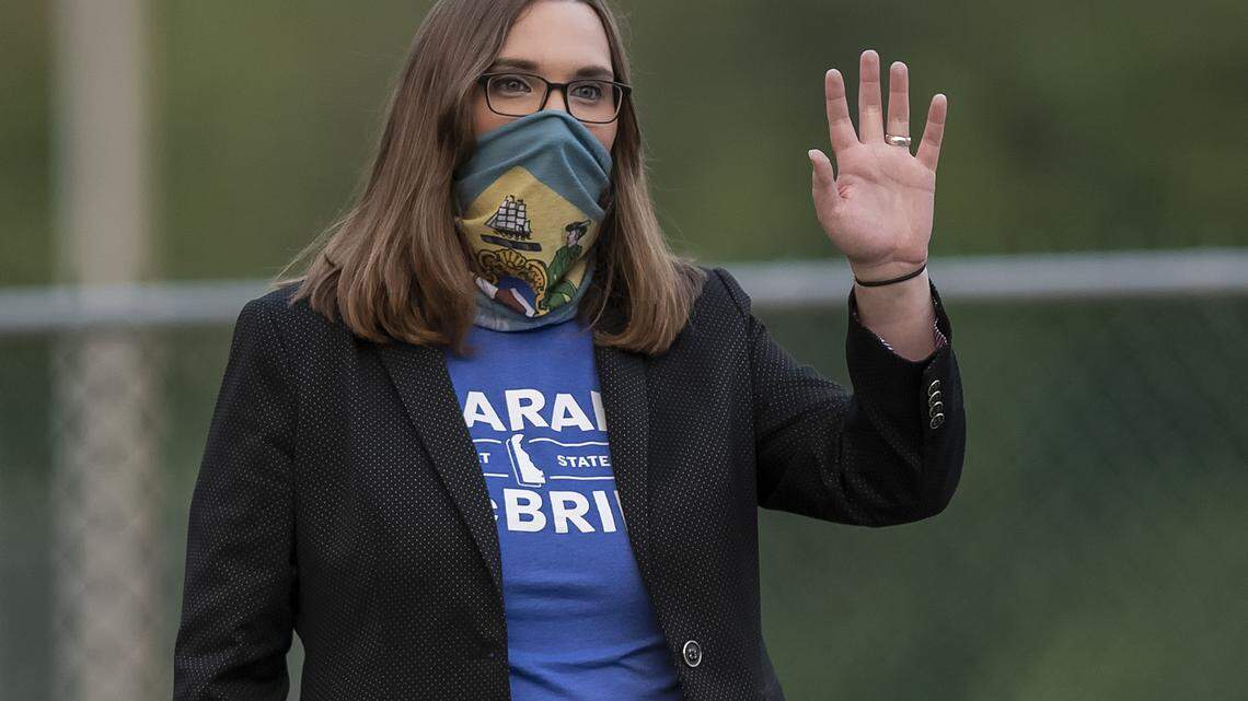 In this Tuesday, Sept. 15, 2020 file photo, transgender activist Sarah McBride, who won a seat in the Delaware Senate on Nov. 3, campaigned at in Claymont, Delaware.