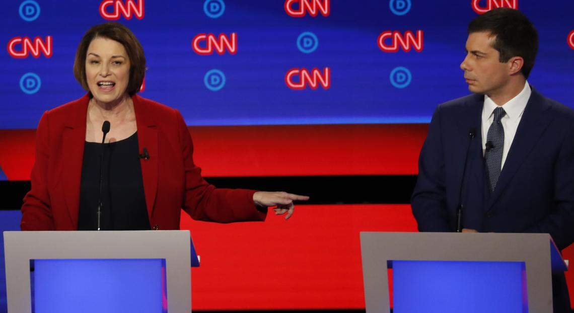 Sen. Amy Klobuchar, D-Minn., and South Bend Mayor Pete Buttigieg participate in the first of two Democratic presidential primary debates hosted by CNN Tuesday, July 30, 2019, in the Fox Theatre in Detroit. (AP Photo/Paul Sancya)