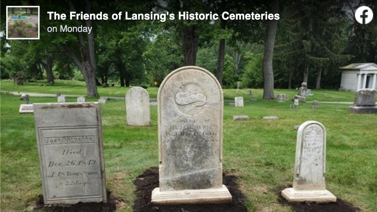 A gravestone lost from a Michigan cemetery and used by a family to make fudge was missing until it was found at an auction, a group said. Screengrab from The Friends of Lansing’s Historic Cemeteries on Facebook.