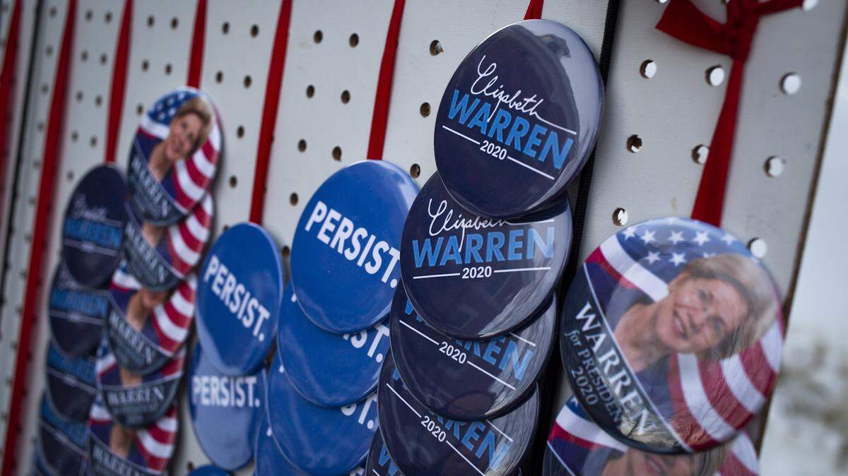 Buttons for the 2020 presidential campaign of Democratic Sen. Elizabeth Warren at Plymouth State University on Feb. 23.