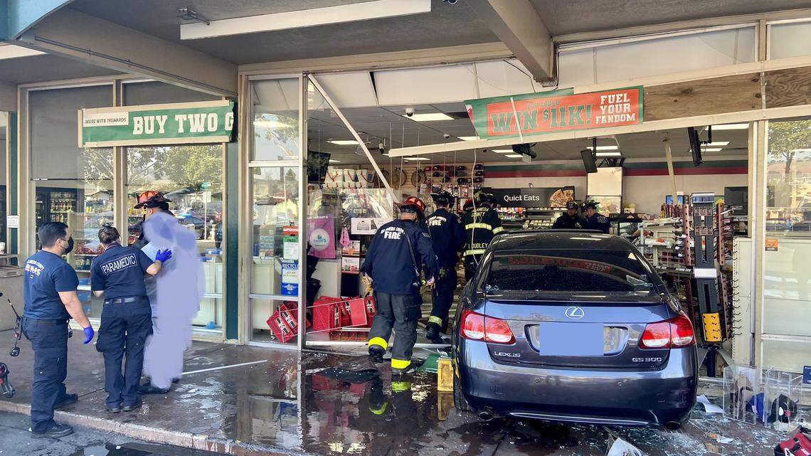 A driver ran into a 7-Eleven store Sunday in San Leandro, California, and injured 10 people, officials said.