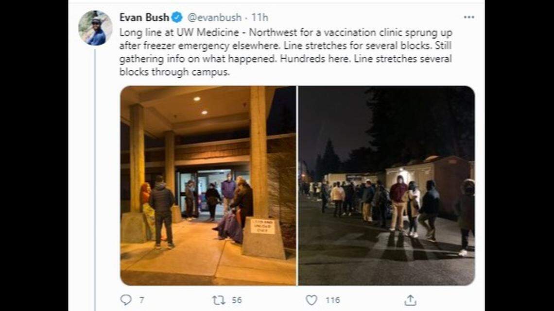 Hundreds in Seattle, Washington, lined up outside a hospital to get a COVID shot after a vaccine freezer failed.