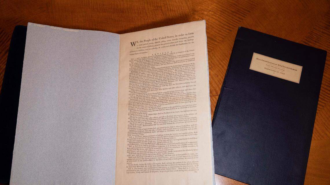 One of only two known copies of The Official Edition of the Constitution, the First Printing of the Final Text of the Constitution is displayed at Sotheby’s, Monday, Oct. 31, 2022, in New York. (AP Photo/Yuki Iwamura)
