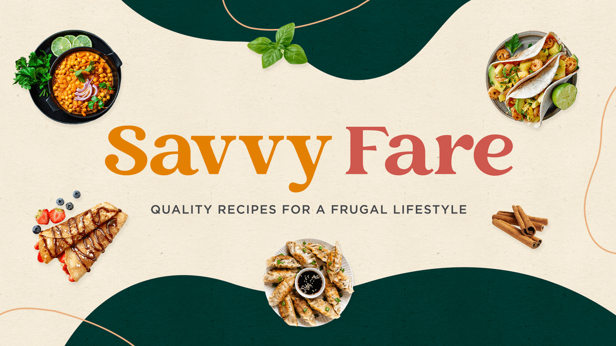 Savvy Fare written on a tan background with green shapes. The text is surrounded by photos of food and ingredients.