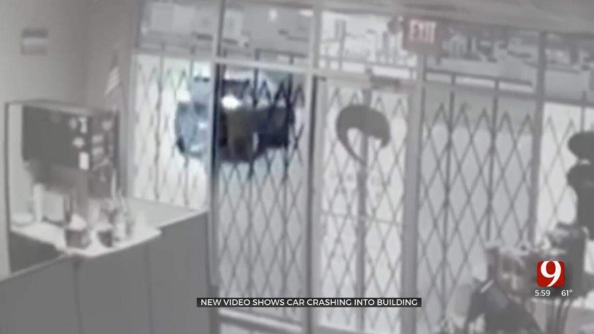 A burglary suspect trying to smash his vehicle into an Oklahoma City marijuana dispensary missed the store and crashed into a shoe shop instead, police say. Screengrab from KWTV.