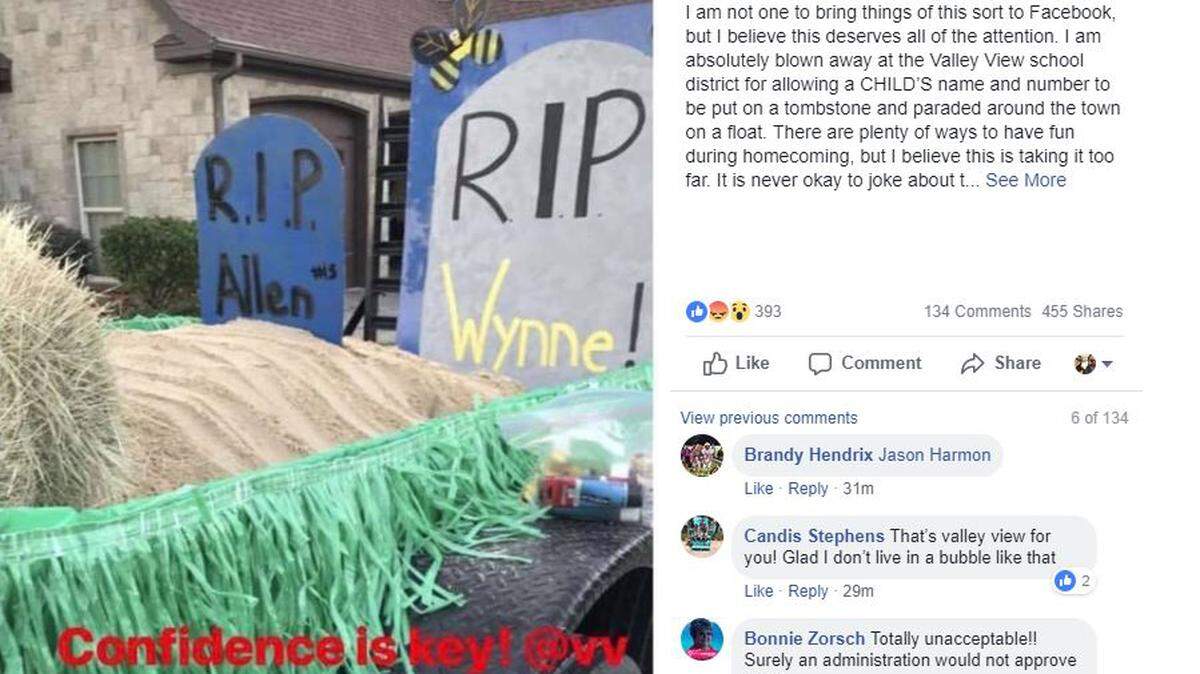 Valley View School District has issued an apology to its homecoming opponent Wynne High School after a float featuring a tombstone with a Wynne player’s name on it was part of the Valley View homecoming parade.