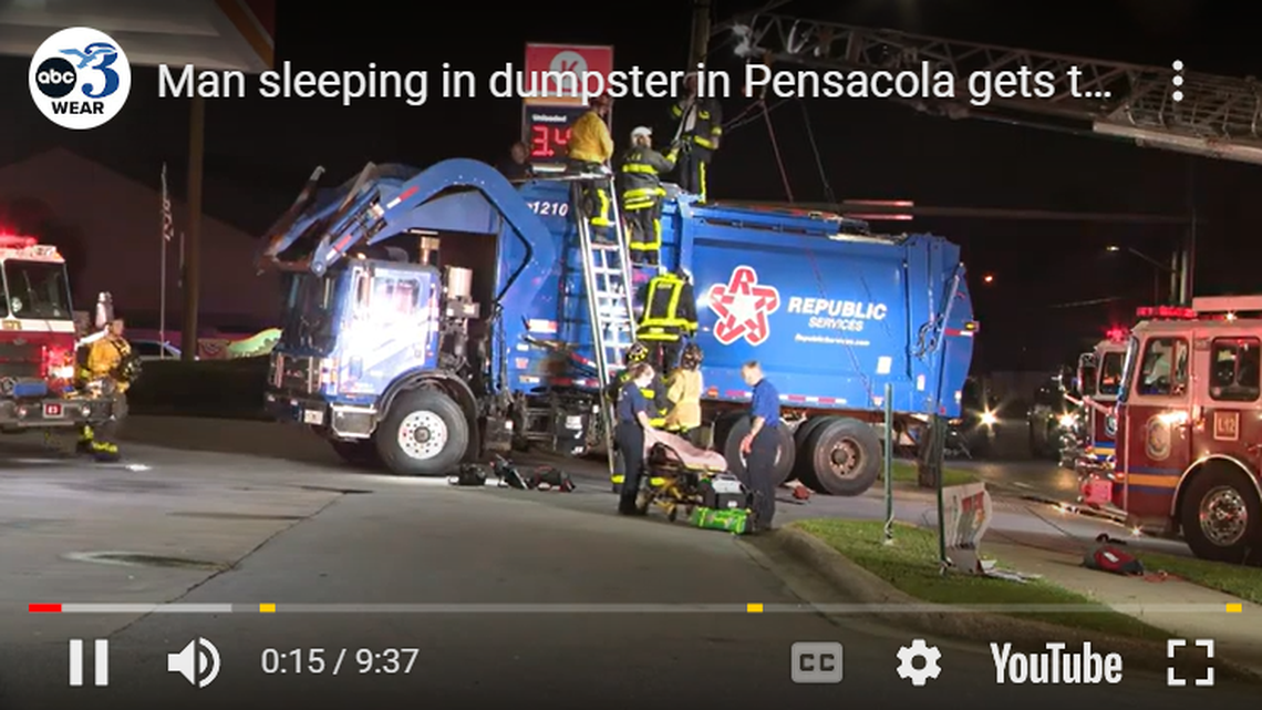 A man was rescued after he became trapped in a garbage truck for about an hour, Florida officials said.