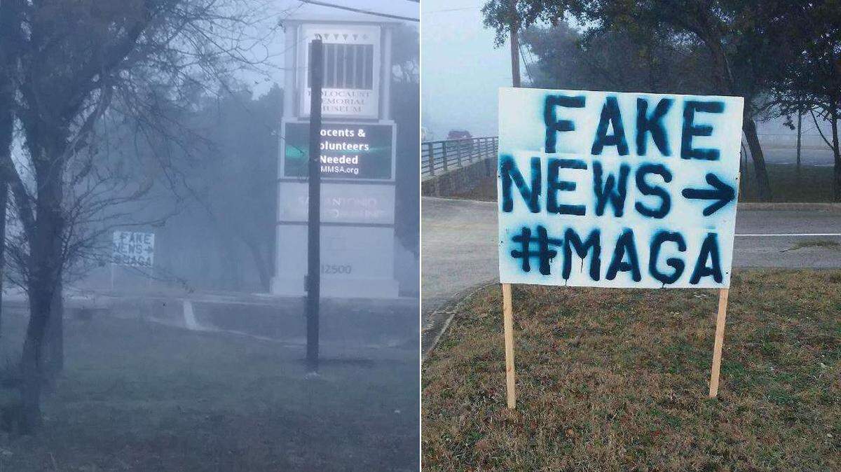 A “Fake News - MAGA” sign, with an arrow pointing in the direction of the exhibit, was put up outside the Holocaust Memorial Museum of San Antonio.