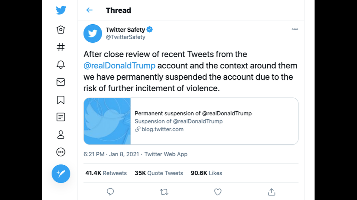 Twitter has permanently suspended President Donald Trump’s account “due to the risk of further incitement of violence after riots at the U.S. Capitol this week.