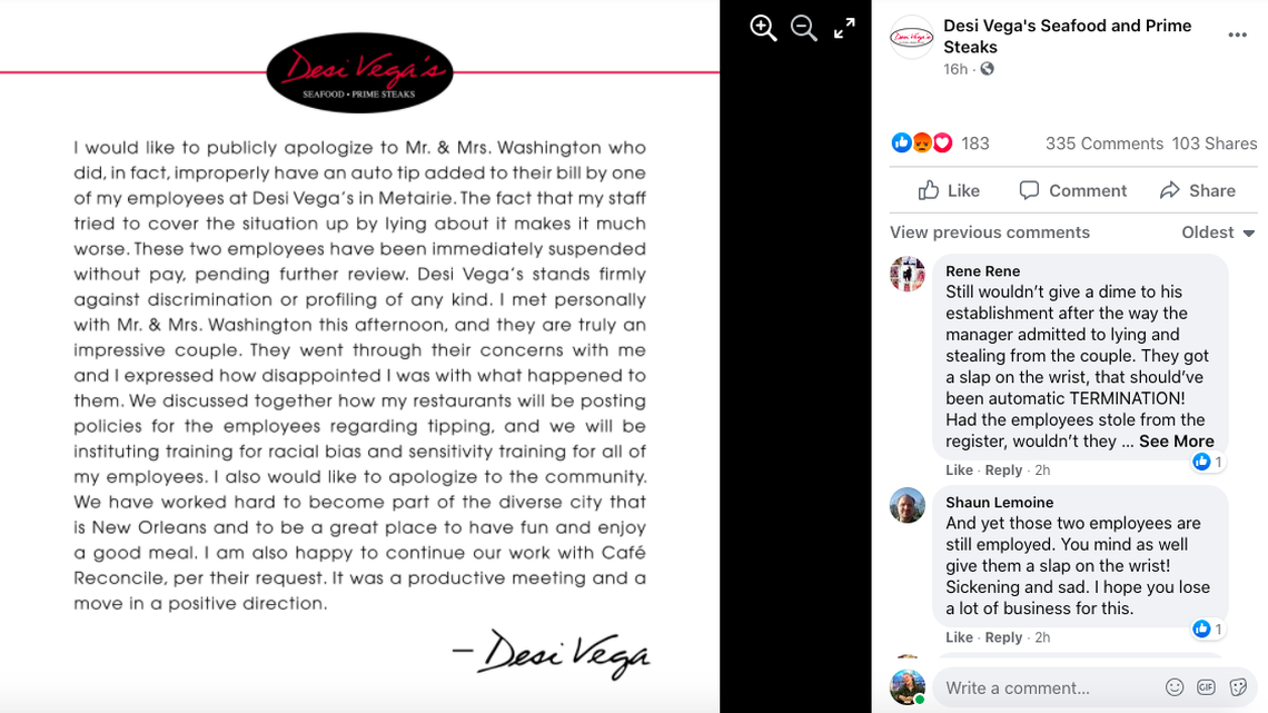 Desi Vega’s Steakhouse in New Orleans apologized on Facebook after two of its employees were accused of racially profiling a Black couple by adding a 20% tip to their bill.