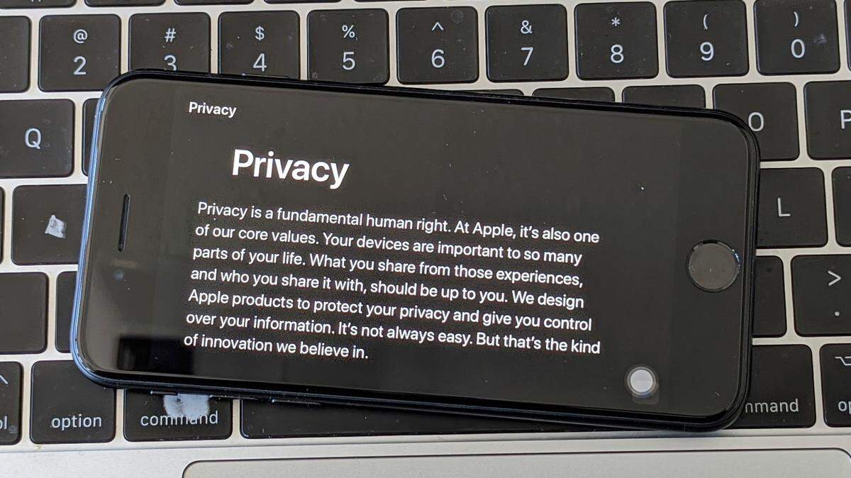 This photo illustration shows an iPhone screen with Apple’s privacy policy on an iPhone screen in Los Angeles Friday, Oct. 2, 2020. A new photo editing app has users questioning whether it’s safe to use. (AP Photo/Damian Dovarganes)