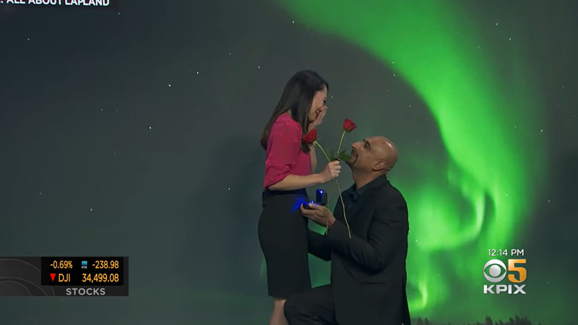 KPIX meteorologist Mary Lee received a surprise visitor while doing a segment on the Northern Lights.