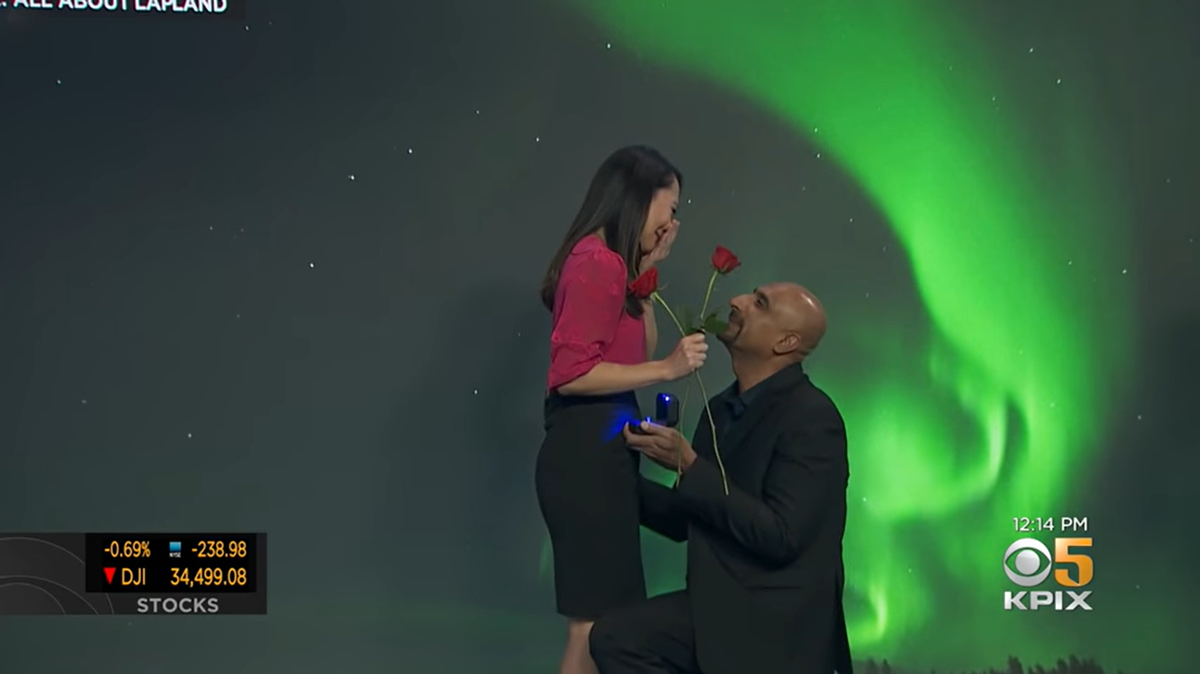 KPIX meteorologist Mary Lee received a surprise visitor while doing a segment on the Northern Lights.