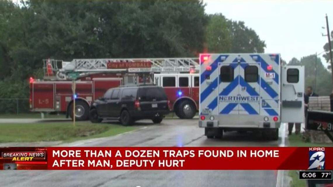 Authorities responded to a series of explosions or gunshots at a home in Tomball, Texas, on Tuesday, where deputies said a man was shot by one of his own booby traps.