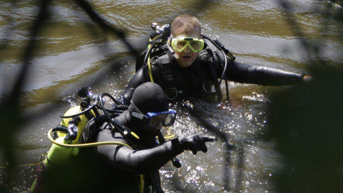State Police divers search the Winooski River in Montpelier, Vermont, Tuesday, Aug. 22, 2006. Divers recovered a truck belonging to a missing man in the river on Oct. 5, 2022. (AP Photo/Toby Talbot)