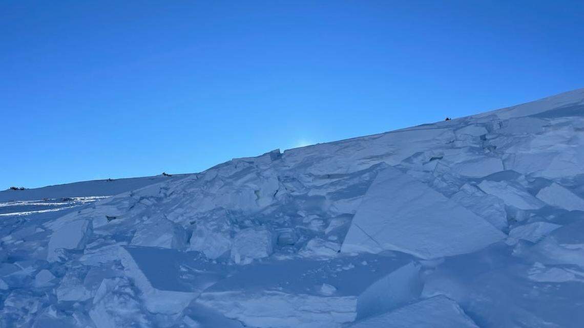 Avalanche debris at the site of the avalanche accident where two snowshoers were killed on Jan. 8, 2022.