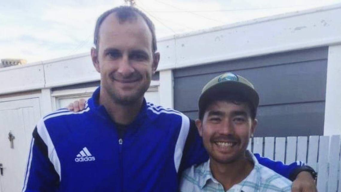 American adventurer John Allen Chau, right, stands for a photograph with Founder of Ubuntu Football Academy Casey Prince, 39, in Cape Town, South Africa, in October — days before he left for  North Sentinel Island, where he was killed.
