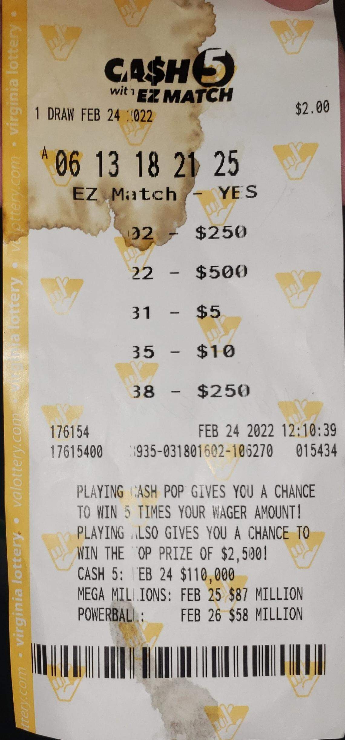 The Virginia woman had to dig her coffee-stained ticket out of the trash to confirm her $110,000 win.