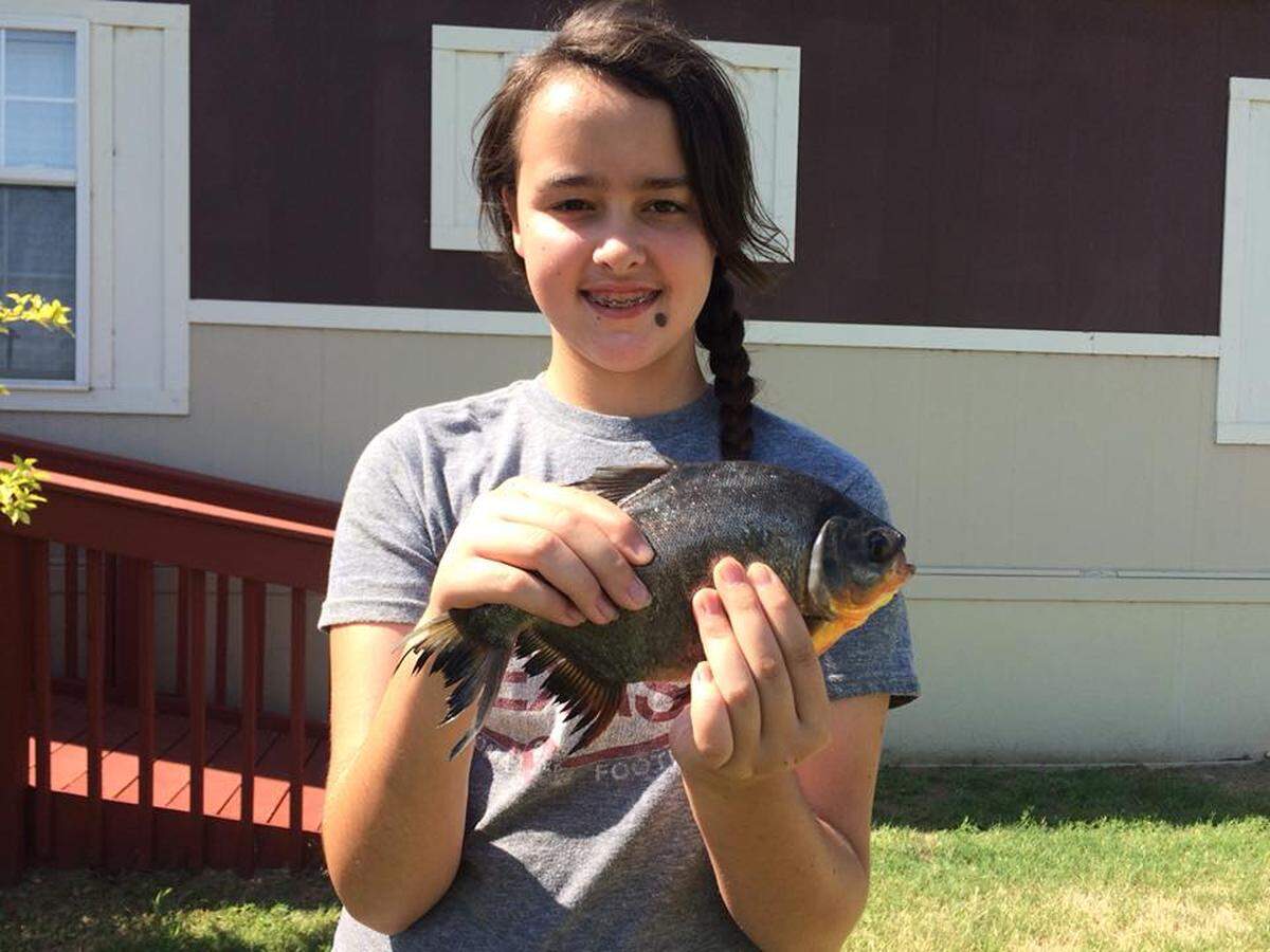 Kennedy Smith, 11, poses with her rare catch, a small pacu, which is closely related to the piranha and native to South American waters.