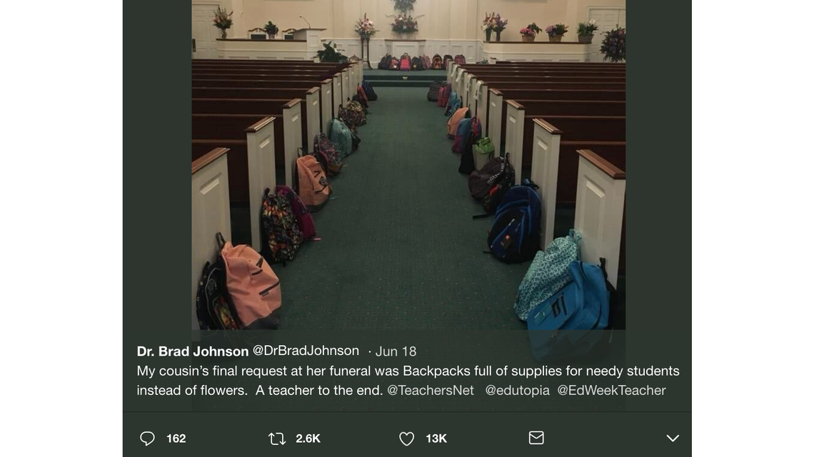 Tammy Waddell, a teacher for three decades in Forsyth County, Georgia, had people donate backpacks filled with school supplies to her funeral after she died of cancer. Her cousin's tweet about the donations for needy students went viral.